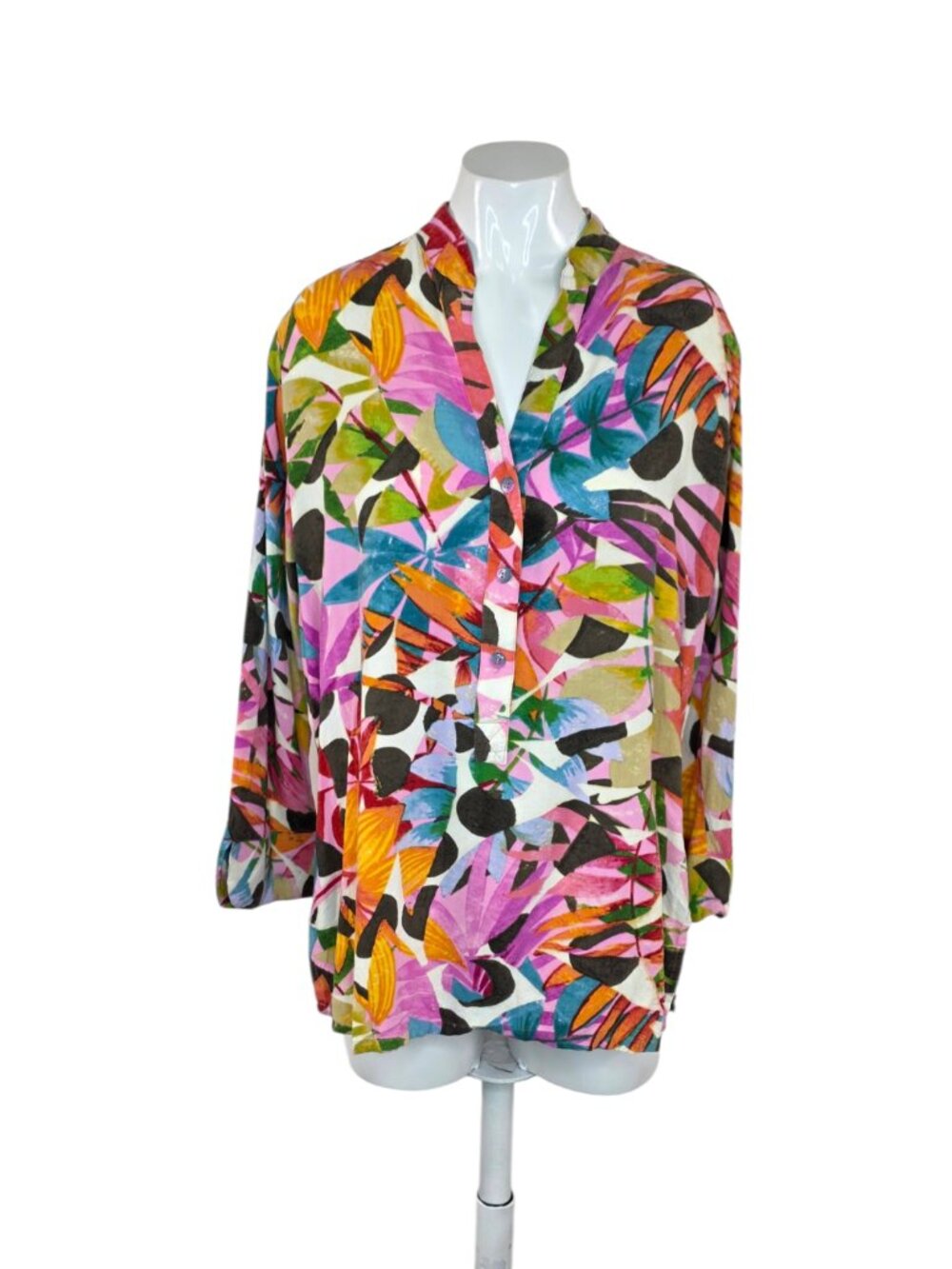 Jams World 3/4 Sleeve Hawaiian Polka Fern Blouse, V-Neck, Button Front, Size L